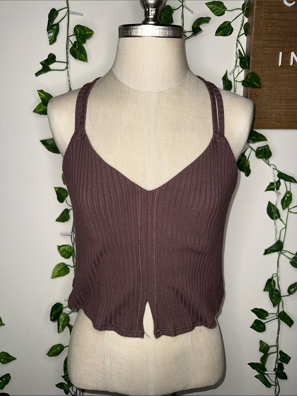 Aerie Ribbed Floral Lace Racerback Bralette/Crop Tank Built In Bra Brown